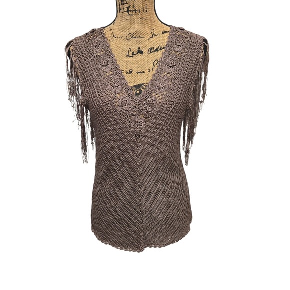 The Limited Tops - The Limited Hand Knit Tank Top Womens L Brown Crochet Fringe Boho Hippie EUC
